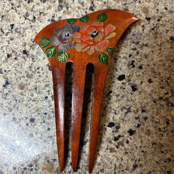 Hand Painted Rose Violet Wood Hair Comb Vintage Accessory Granny Core - Picture 4 of 9